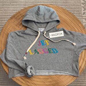 Wildfox Gray Cropped Hoodie with Multicolor "Jet Lagged" Graphic
